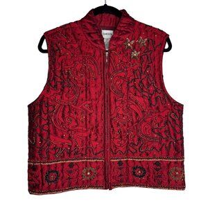 Chicos Red Embroidered Quilted 100% Silk Vest Size 1 Front Zip‎ Size 1 (M/8)